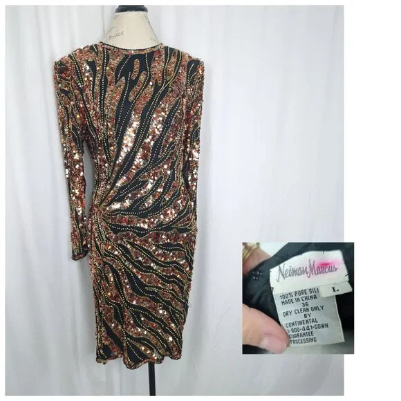 Neiman Marcus | Dresses | Vintage Neiman Marcus Sequin Dress Medium Black  Gold Formal Midi